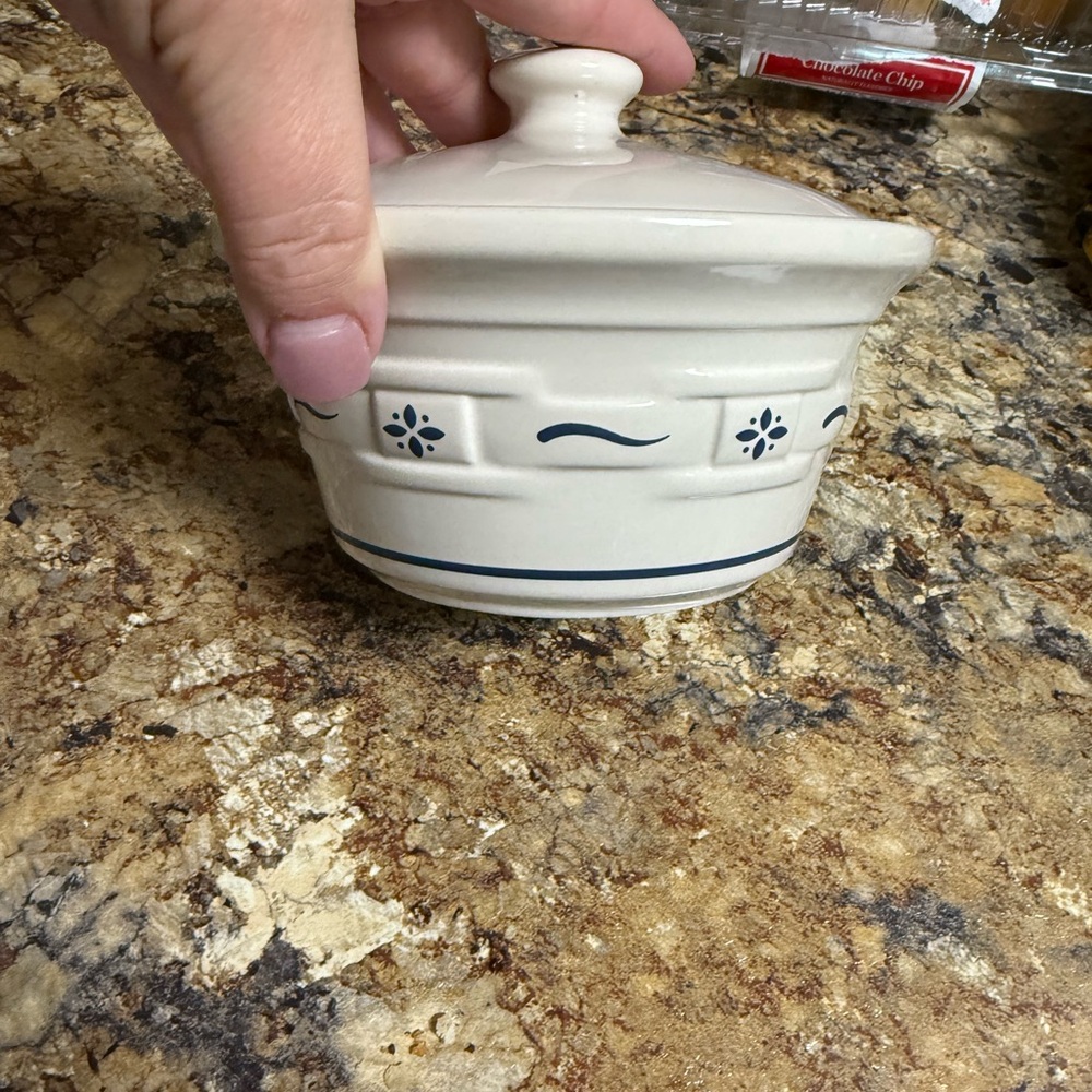 Cream Ceramic Lidded Dish with Blue Accents